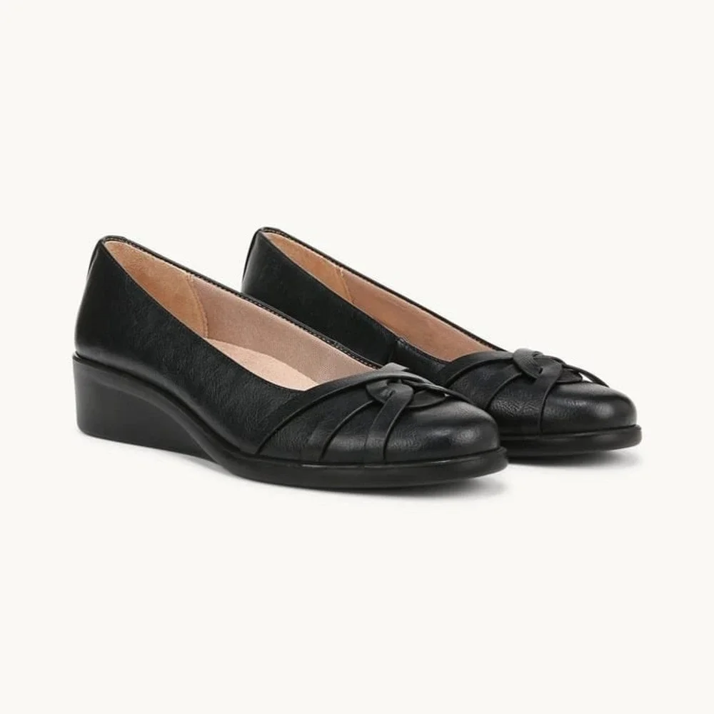 LifeStride Jorie Black Tumbled Faux Leather Ballet Wedge Shoes Womens Sz 7W
